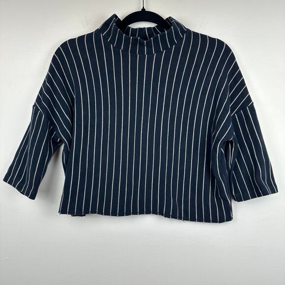 Zara W&B Collection Womens Half Sleeve Mock Neck Navy/White Striped Shirt Small - Picture 1 of 10
